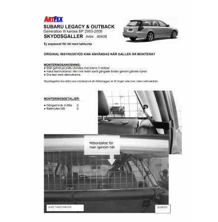 Artfex Hundgaller Subaru Legacy &amp; Outback 2003-2009 Galler r ej anpassat fr bil med taklucka